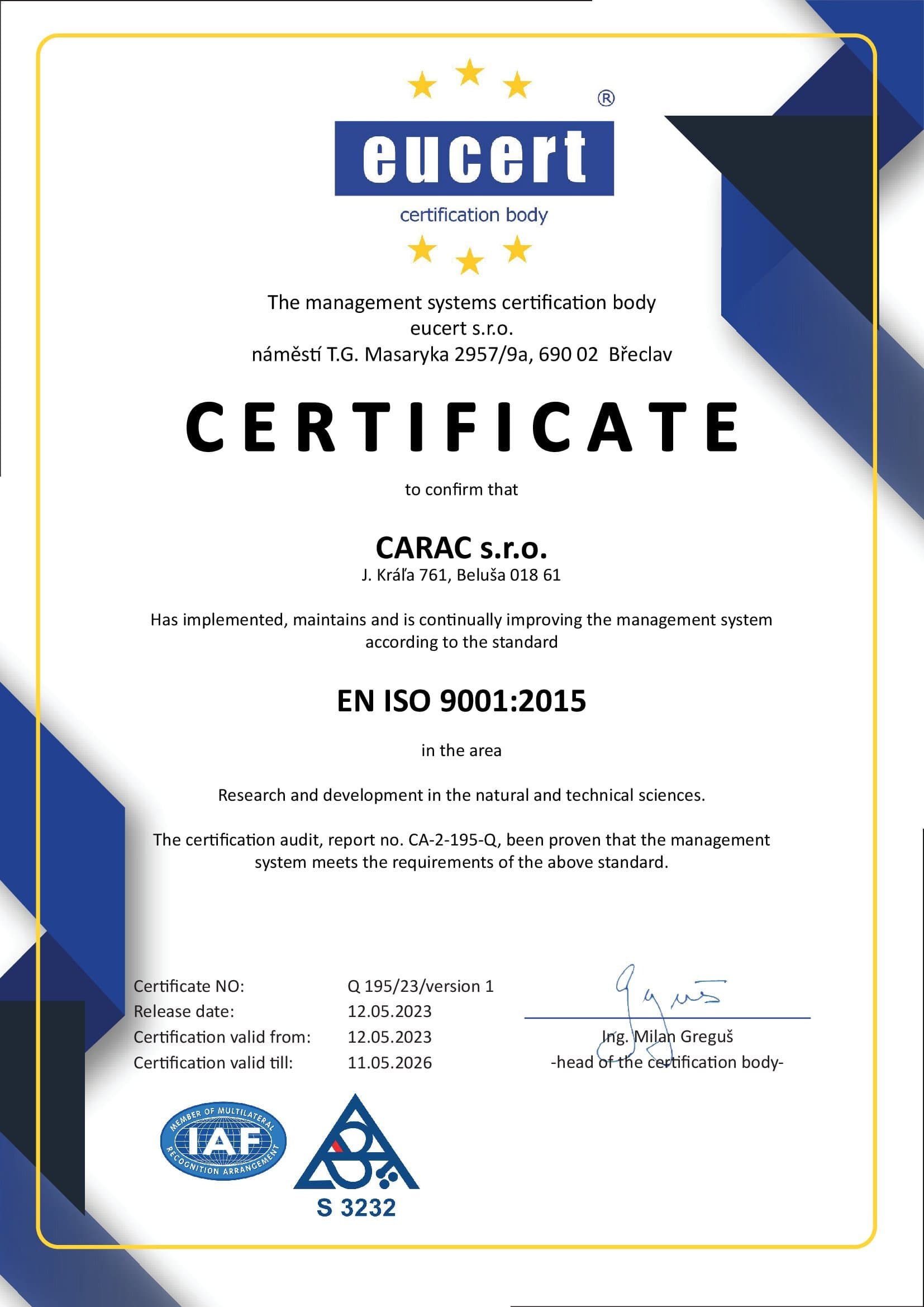 certifikat manazerstva kvality carac 195 Q AJ